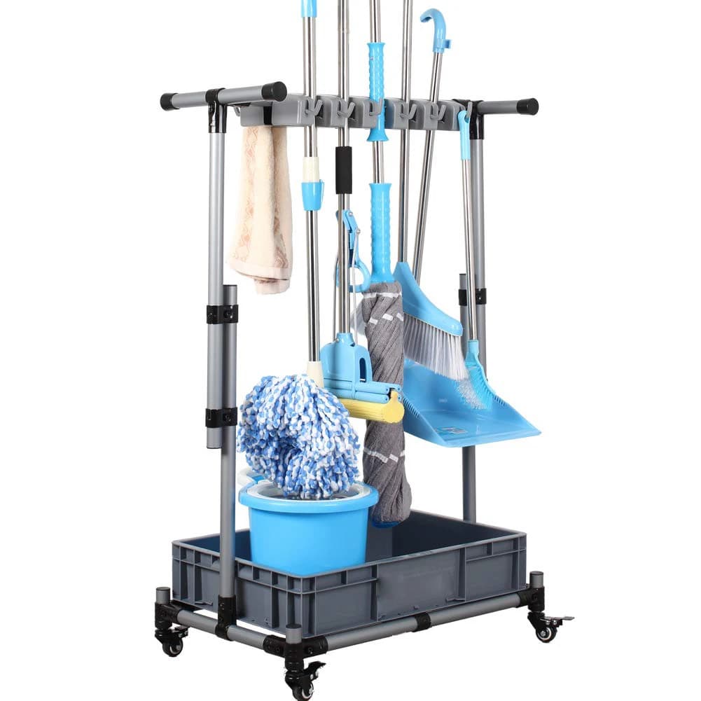 10 Slots 12 Hook Housekeeping Cart Cleaning Cart with Shelves Broom Mop Holder Removable Cleaning Anitorial Trolley