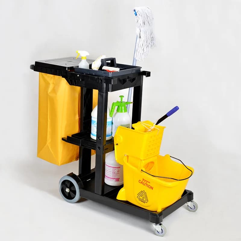 HM Hotel & Restaurant Plastic Cleaning Trolley Cart with 3 Shelves for Housekeeping & Facility Maintenance